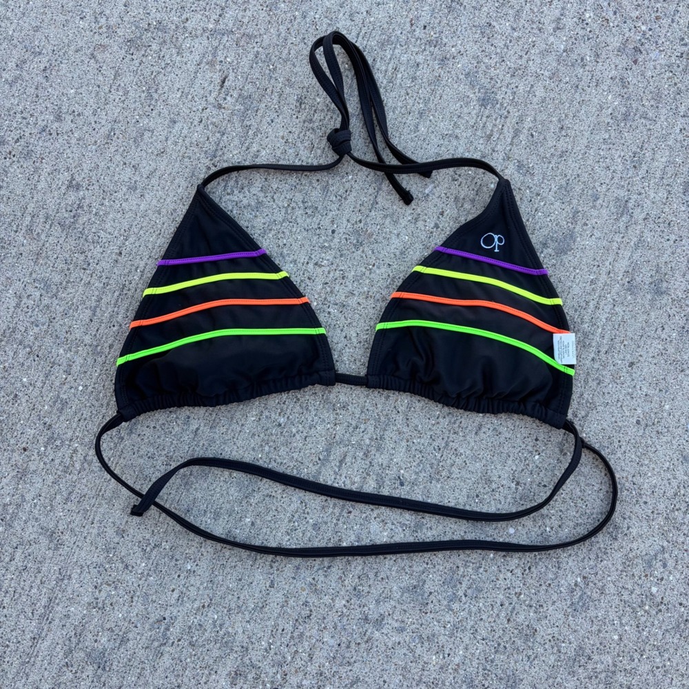 Ocean Pacific OP Womens Neon Striped Triangle Bikini Top Black XL 15/17 OL19X615